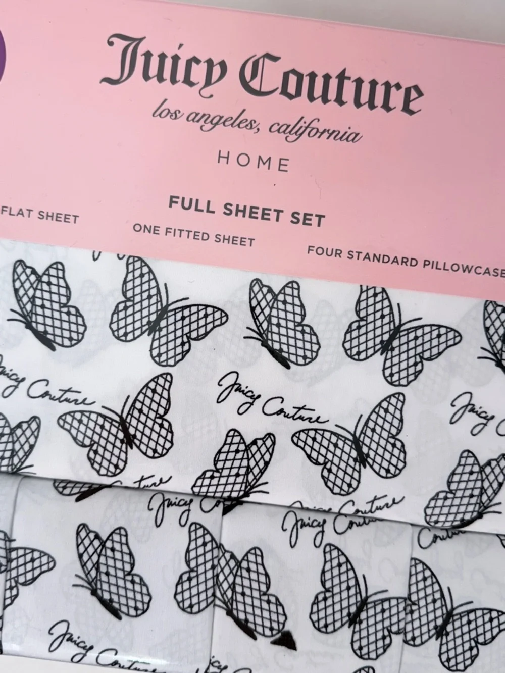 Juicy Couture Butterfly Print Full Sheet Set 6 Piece Bedding White Black Full